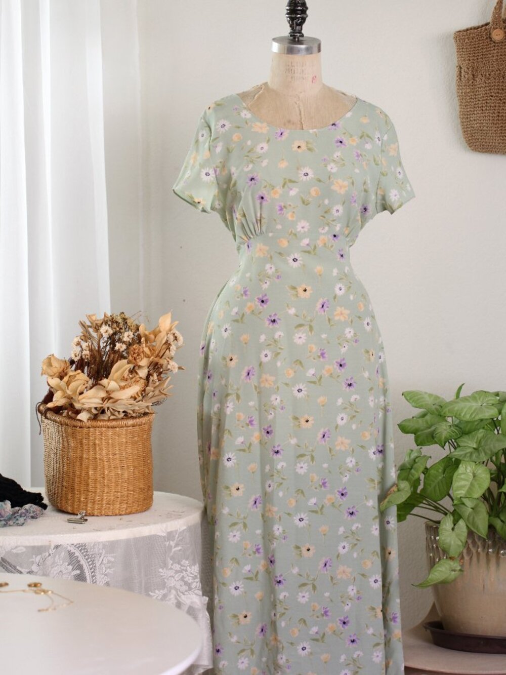 Cottagecore Floral Maxi Dress | Vintage Sage Green Dress | Romantic Prairie Dres